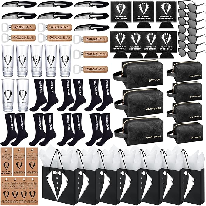 70Pcs Groomsmen Gifts Groomsmen Proposal Box with Shot Glasses Socks Sunglasses PU Leather Toiletry Bag Bottle Opener Can Cooler Groomsman Gifts for Wedding Groomsmen Best Man Gift (70, Black)