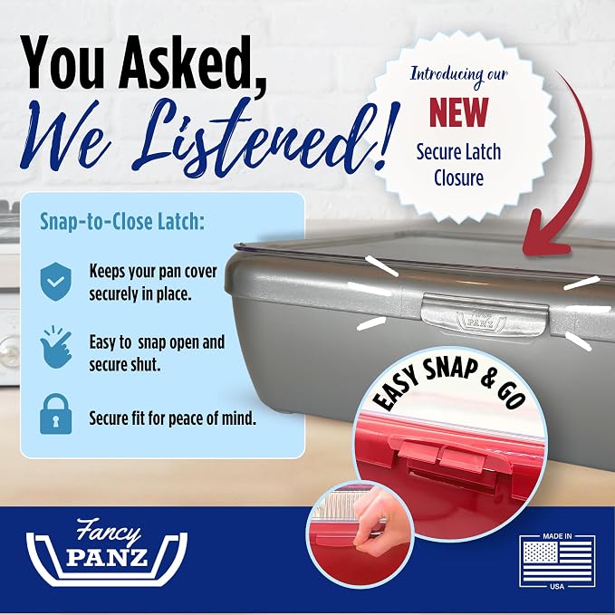 Fancy Panz Platinum Premium Aluminum Foil Pan Carrier with Secure Latch Lid & Hot/Cold Gel Pack - Made in USA Reusable Casserole Carrier for Half Size Pans - Food Transport Holder for Entertaining