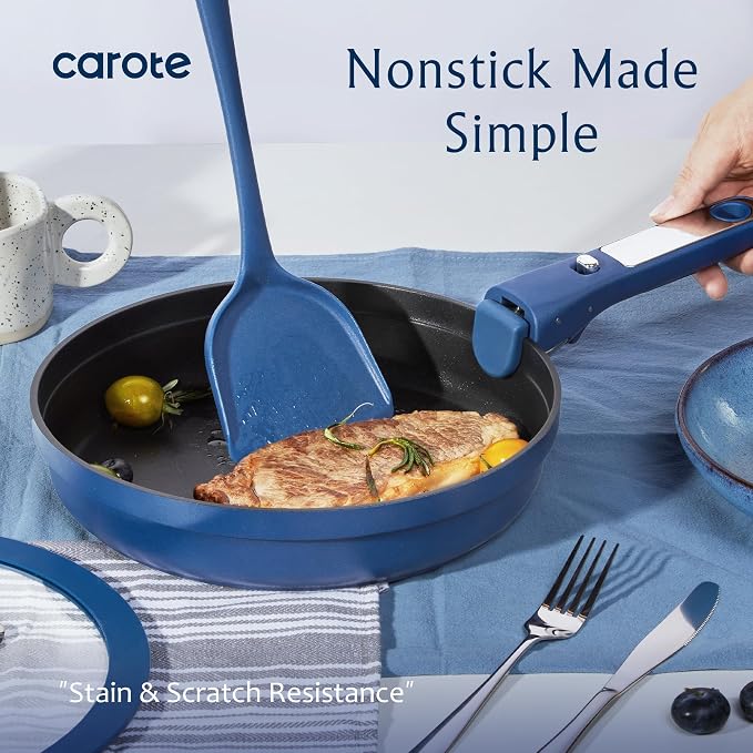 CAROTE 10-Piece Pots and Pans Set, Nonstick Cookware Set Detachable Handle, Frying Pan with Splatter Screen, Oven Safe, Induction Ready, Stackable, Blue