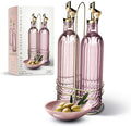 COOK WITH COLOR Glass Olive Oil Bottle Dispenser - 2 Pack- 17oz Oil and Vinegar Cruet - Olive Oil Carafe Decanter for Kitchen, Elegant Fluted, Pink