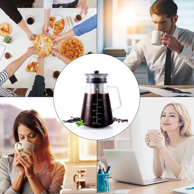 Aquach 51oz Cold Brew Maker, Borosilicate Glass Iced Coffee Tea Pitcher | Dishwasher Safe, Up to 2 Weeks Freshness, Tapered Stability, Refrigerator Fit, 304 Stainless Filter
