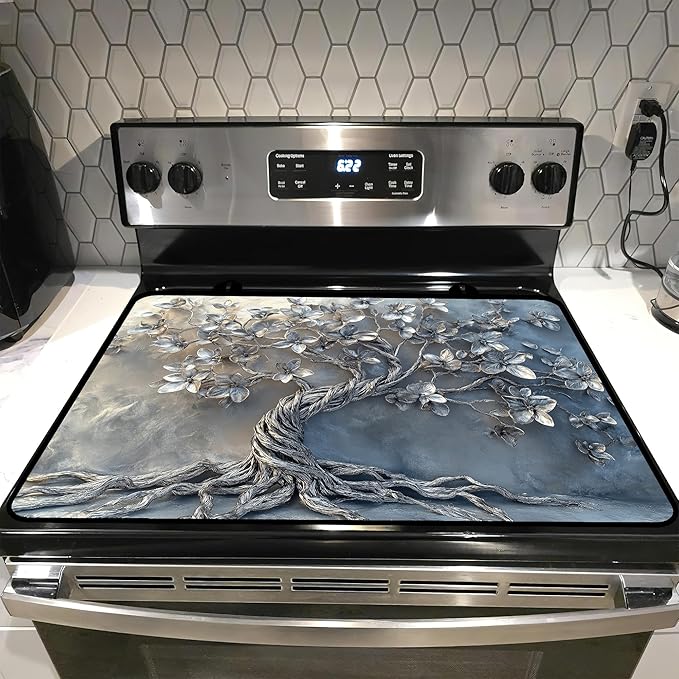Glass stove top cover 28"x 20", Stove Top Covers for Electric Stove, Flat Range Mat for Glass Cooktop, Kitchen Heat-Resistant Protector Mat Non-Slip Drying Ma (Silver Tree)