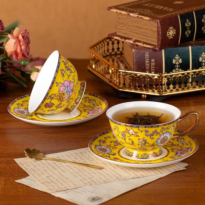 KAMMAK Tea Cups and Saucers Set of 2, Porcelain Coffee Cups, Stackable Espresso Mugs, Ceramic Demitasse for Coffee, Cappuccino, Latte, Americano, Tea, Full Bloom Yellow