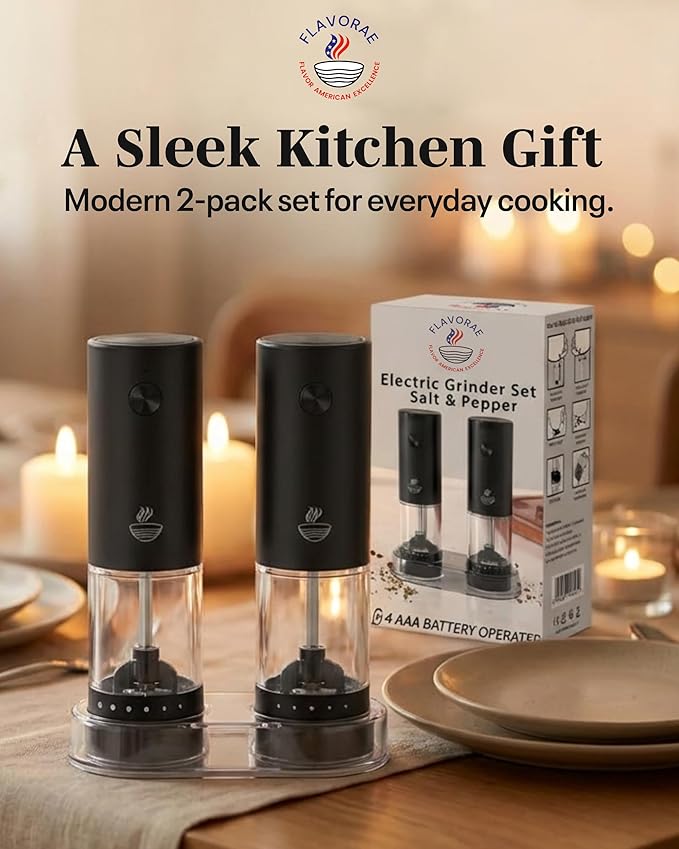 Electric Salt and Pepper Grinder Set - Black 2 Pack Battery Operated Mills with 95ml Large Capacity, Adjustable Coarseness, Built-in LED Light, Automatic Salt & Pepper Shakers for Kitchen