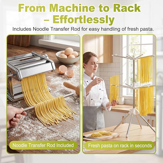 Pasta Drying Rack, 20-Rod Double Layer Large Capacity Pasta Dryer, 304 Stainless Steel 360° Rotating Foldable Noodle Stand for Homemade Spaghetti, Fettuccine, Family Pasta Night