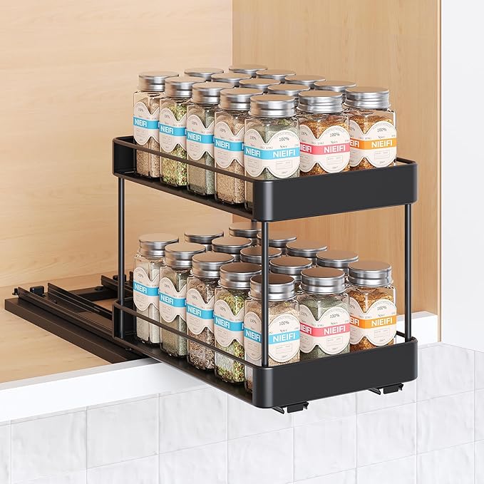 Nieifi Spice Rack Organizer for Cabinet, Vertical Spice Rack Pull Out, Easy to Install, Metal, 6.5''Wx10.35''Dx8.4''H, 1 Pack, 2 Tiers(Black)