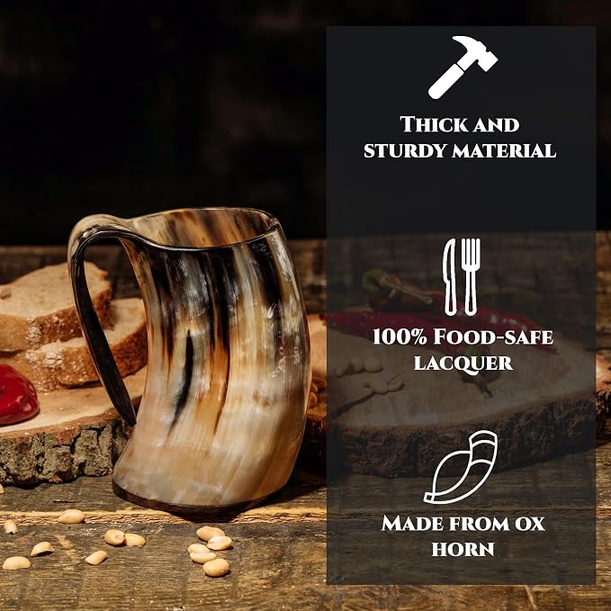 Trondebal Viking Drinking Horn Mug – 15-20 oz Authentic Ox Horn Beer Mug with Burlap Bag & Bottle Opener, Unique Gift for Men, Brother, Dad, Husband, Norse Tankard for Mead Ale & Whiskey