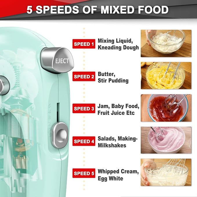 Lord Eagle Hand Mixer Electric Handheld 400W, 5-Speed Lightweight Kitchen Mixer with Storage Case, 5 Stainless Steel Attachments for Baking Cake Egg Cream Food Beater, Turbo+Eject Button, Green