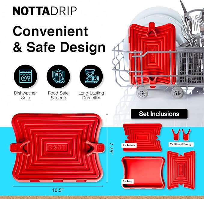 Nottadrip Silicone Spoon Rest for Stove Top - Kitchen Spoon Rest for Countertop, Ladle Holder, All in 1 Serving Station, Elevate Handles, Drip to Tray, Mess Free - 5PC Trivet Set - Red