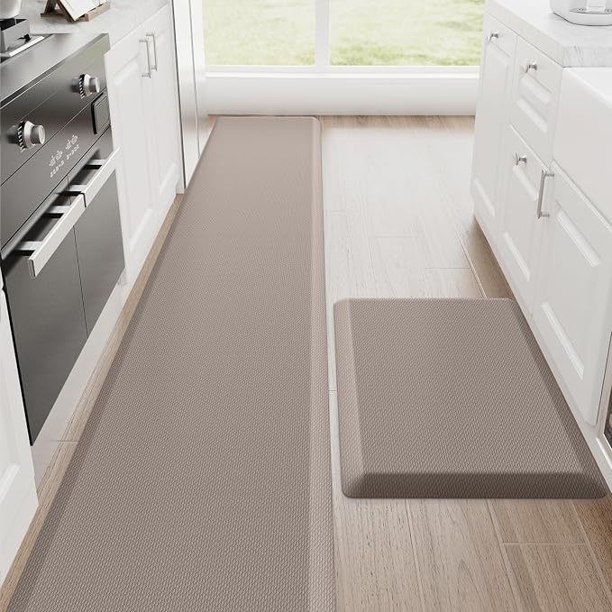 StepRite Kitchen Mats, 2PCS Kitchen Rugs, Cushioned Anti Fatigue Kitchen Mats for Floor, Non-Slip Standing Desk Mat, Waterproof Kitchen Rug Set for Kitchen,20" x 32"+20" x 94.5"-Full 1inch Thick,Khaki