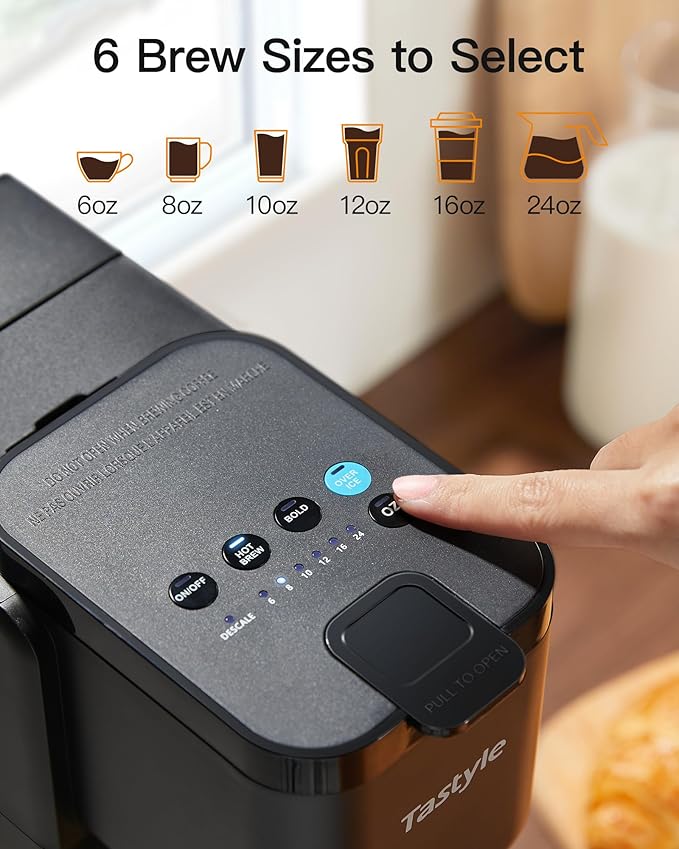 Tastyle Single Serve Hot & Iced Coffee Maker with Strong Brew, 40oz Removable Reservoir, 6 Brew Sizes, Compatible with K Cup and Grounds, Compact for Home, Office, RV and Dorm, Black (2.0 Version)