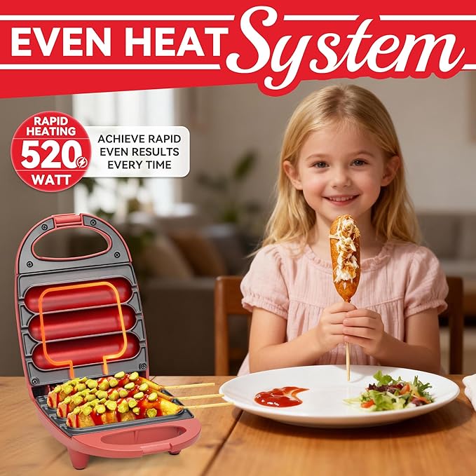 SugarWhisk Electric Corn Dog Maker, Fryer for 3 Mini Corn Dogs on Stick, Cheese Mozzarella Sticks & Treats, Corndog Maker Machine, Hot Dog Machine, Brush Included, Red