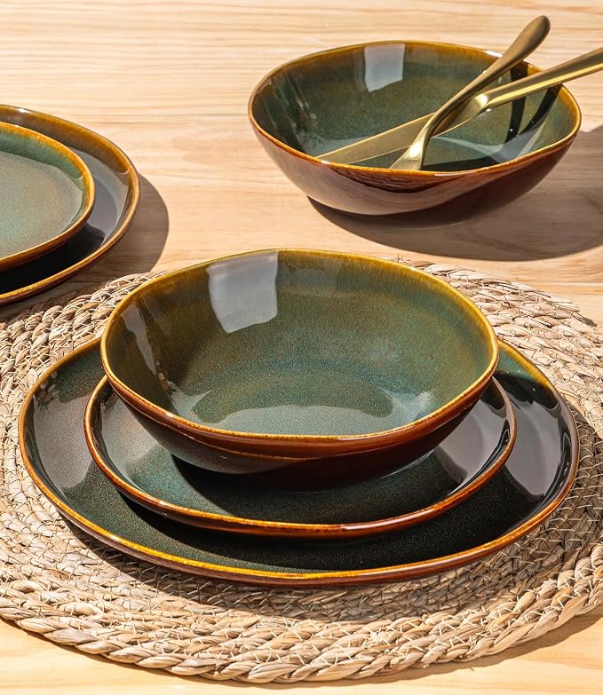 GBHOME Stoneware Dinnerware Sets for 4, 12 Pieces Rustic Earthenware Plates and Bowls Set, Handmade Reactive Glaze Ceramic Plate Sets, Chip Resistant Dishes, Microwave & Dishwasher Safe, Green Brown