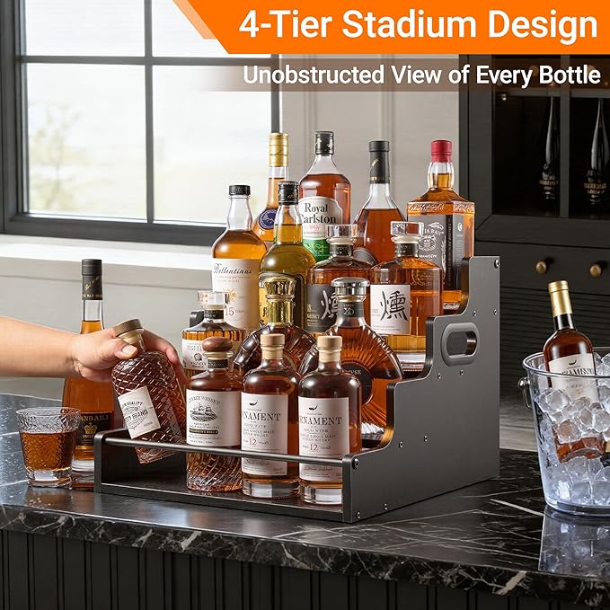 YQBRAO 2 Pack 4-Tier Liquor Bottle Display Shelf, 16-Inch Wooden Bar Shelves for Liquor Bottles, Countertop Whiskey Shelf and Bourbon Shelf Organizer for Home Bar, Kitchen（Black）