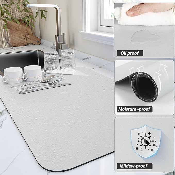 HotLive Dish Drying Mat for Kitchen Counter, Heat Resistant Drainer Mats with Non-slip Rubber Backed, Hide Stain Kitchen Super Absorbent Draining Mat, Easy to Clean Dish Rack Pad, Light Grey 18"x24"