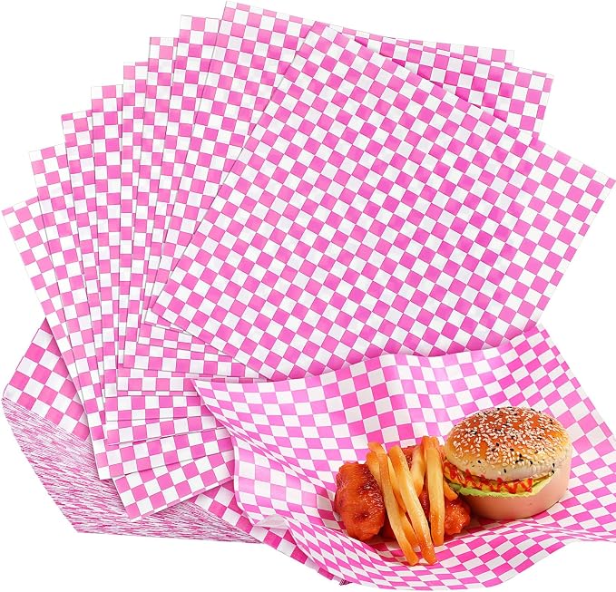 Spakon 1000 Sheets Wax Deli Paper Sheets for Food 12 x 12 Inch Checkered Dry Waxed Deli Basket Liners for Sandwich Wrapping, Food Basket Liners, Picnic party(Hot Pink-white)