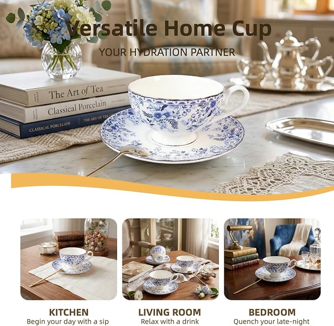 Vintage Floral Porcelain Tea Cup and Saucer Set with Gold Trim, Classic Blue Pattern Single Set
