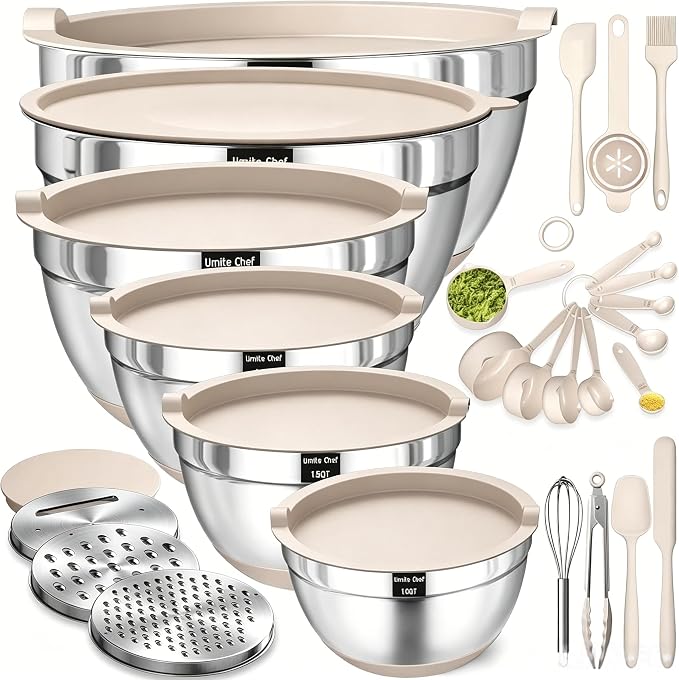 Mixing Bowls with Airtight Lids Set, 26PCS Stainless Steel Khaki Bowls with Grater Attachments, Non-Slip Bottoms & Kitchen Gadgets Set, Size 7, 4, 2.5, 2.0,1.5, 1QT, Great for Mixing & Serving