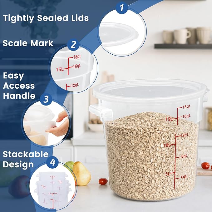 4 Pack 18QT Round Food Storage Containers with Lids | NSF, BPA-free PP containers with scale, label and measuring cup, stackable for prep, storage, freezer. Dishwasher safe