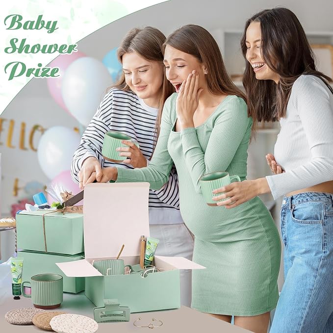 Reallnaive 61 Pcs Baby Shower Prizes for Game Winners Include Ceramic Mug Coaster Hand Cream Pen Spoon Bracelet Hair Clip Card Gift Box with Raffia for Guests Gender Reveal Bridal Shower Party(Green)