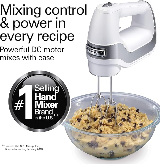 Hamilton Beach Professional 5-Speed Electric Hand Mixer | High-Performance DC Motor | Slow Start | Snap-On Storage Case | Stainless Steel Beaters & Whisk | White| 62652