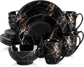 LOVECASA Black Plates and Bowls Sets for 4, Porcelain Dinnerware Sets 16 Piece Gold Splash Glaze Ceramic Dish Set, Round Dinner Set with Mugs, Dishwasher Microwave Safe