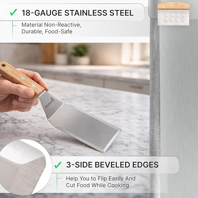 Anmarko Professional Griddle Spatula Set - Stainless Steel Metal Spatula and Griddle Scraper - Heavy Duty Commercial Grade