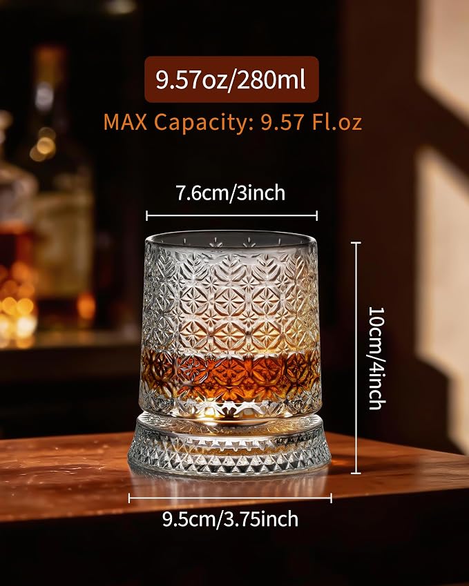 CEEFU Old Fashioned Whiskey Glasses with 360° Rotating Base, Set of 4 (4 Crystal Glasses Set, 4 Big Ice Ball Molds) In Gift Box - Bourbon, Cocktail, Rocks, Bday Gifts Ideas for Men, Snowflake Pattern