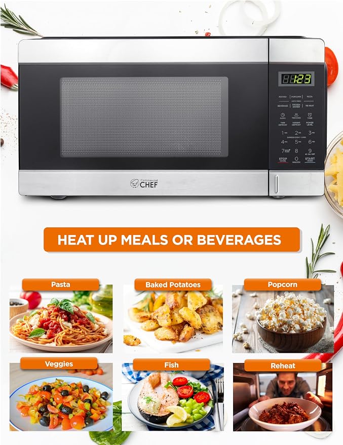 COMMERCIAL CHEF 1.1 Cu Ft Microwave with 10 Power Levels, Small Microwave with Push Button, 1000W Countertop Microwave with Kitchen Timer, Door Lock, & Digital Controls, Stainless Steel