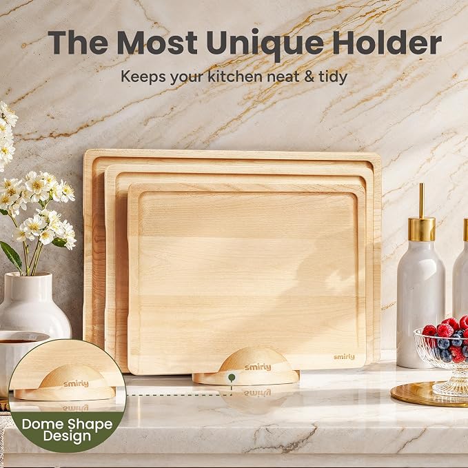 SMIRLY Wooden Cutting Board for Kitchen - Birch Wood Cutting Boards for Meal Prep, Serving, Charcuterie - Kitchen Gadgets, House Warming Gifts - Wood Chopping Board Set of 3 with Holder