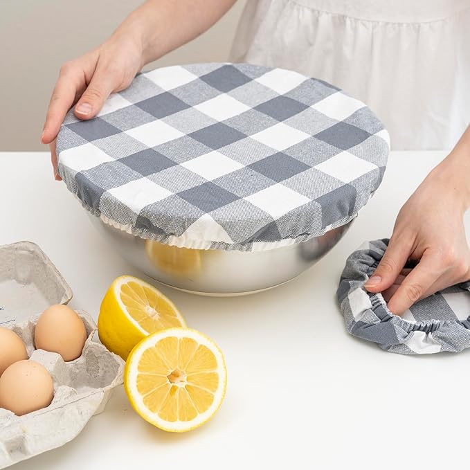 Reusable Cloth Bowl Covers - 100% Cotton Fabric Bowl Covers Set to Cover Fruits, Vegetables and Regulate Moisture - Elastic Closure for Salads, Bread & Leftovers (Gray Plaid, 2XL, 2L, 2M, 2S)