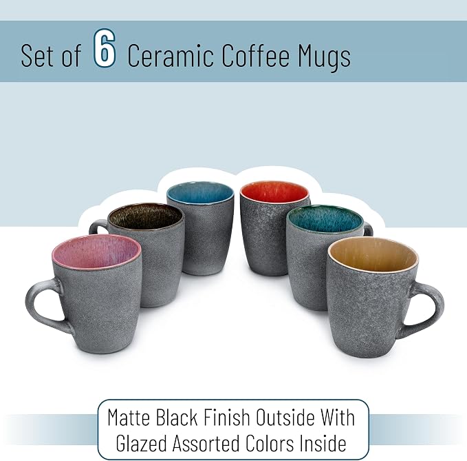 BTaT- Porcelain Coffee Mugs Set, 12 oz (350ml), 6 Pack, Ceramic Coffee Mugs, Matte Black Outside and Colorful Inside, Restaurant Cups for Tea, Cappuccino, Cocoa, Cereal, Mug Gift Set, Dishwasher Safe