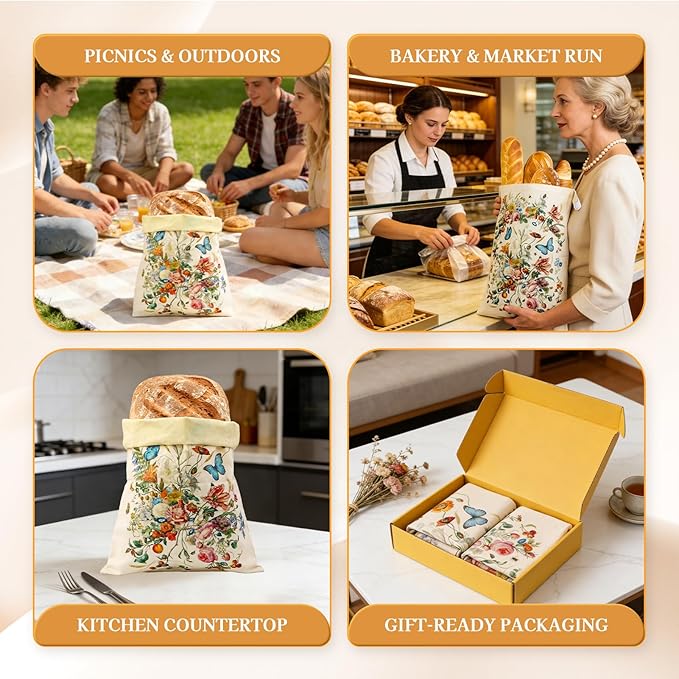2 Pack Beeswax Bread Bags for Sourdough and Homemade Bread, XL 17x13in Reusable Cotton Storage Bags, Botanical Print Double-Layer with Beeswax Lining, Easy to Clean Artisan Bread Keeper | Keeps loaves soft, Protects fresh bake, Flexible usage, Secure b...