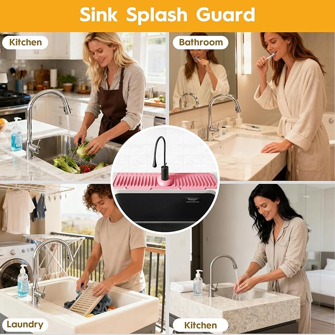 24" Silicone Faucet Mat for Kitchen Sink Released in 2026,8° Slope Fast Self-draining-Kitchen Sink Splash Guard,Bathroom Kitchen Sink Area Water Splash Guard Behind Faucet Draining Mat(Pink)