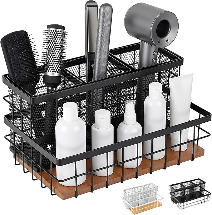 AceOrbit 1 Pcs 1pcs Hair Tool Organizer Countertop Breathable Metal Bamboo Hot Tools Vanity Organizer Under Sink Bathroom Hair Dryer Holder Countertop Brush Comb Holder Tray (Koa Wood,Black)