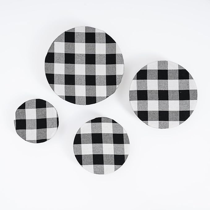 Reusable Cloth Bowl Covers - 100% Cotton Fabric Bowl Covers Set to Cover Fruits, Vegetables and Regulate Moisture - Elastic Closure for Salads, Bread & Leftovers (Black Plaid, 2XL, 2L, 2M, 2S)