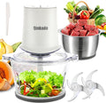 Qinkada Food Processors with 2 Bowls, 400W Meat Grinder, Food Chopper Electric, 2 Speed, 8Cup Glass and 8Cup 304 Stainless Steel, 2 Blades, Spatula (White)
