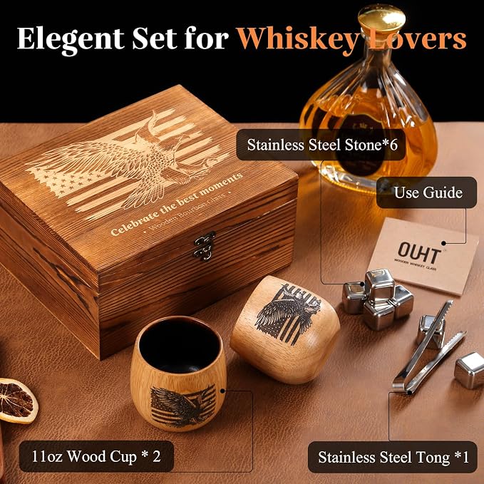 Oak Wood Whiskey Glass, Handcrafted Engraved Charred Wooden Tumbler, Unbreakable Old Fashioned Bourbon Glass for Men, Rustic Drinking Cup with Unique Design, Ideal Gift for Lovers