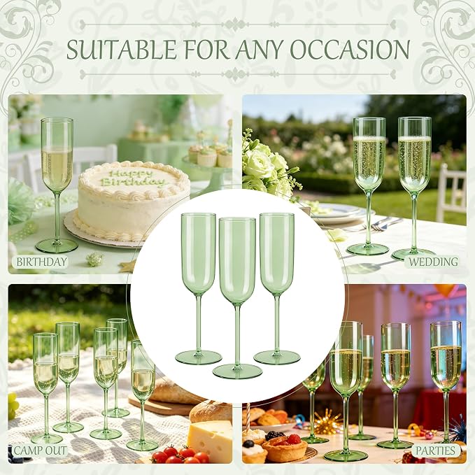 Plastic Champagne Flutes Set, 6oz Unbreakable Champagne Glasses Bulk, Shatterproof Reusable Mimosa Prosecco Sparkling Wine Cups for Wedding Party (Green, 24pcs)