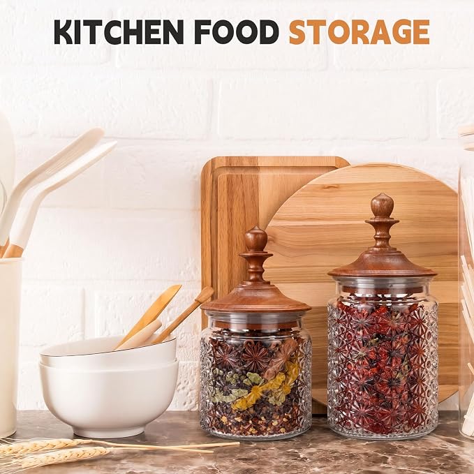 Suclain 6 Pack 24 oz Vintage Glass Jars with Wooden Crown Lids, Decorative Jars with Star Pattern, Airtight Glass Food Storage Containers for Tea Coffee Spice Pantry Organization
