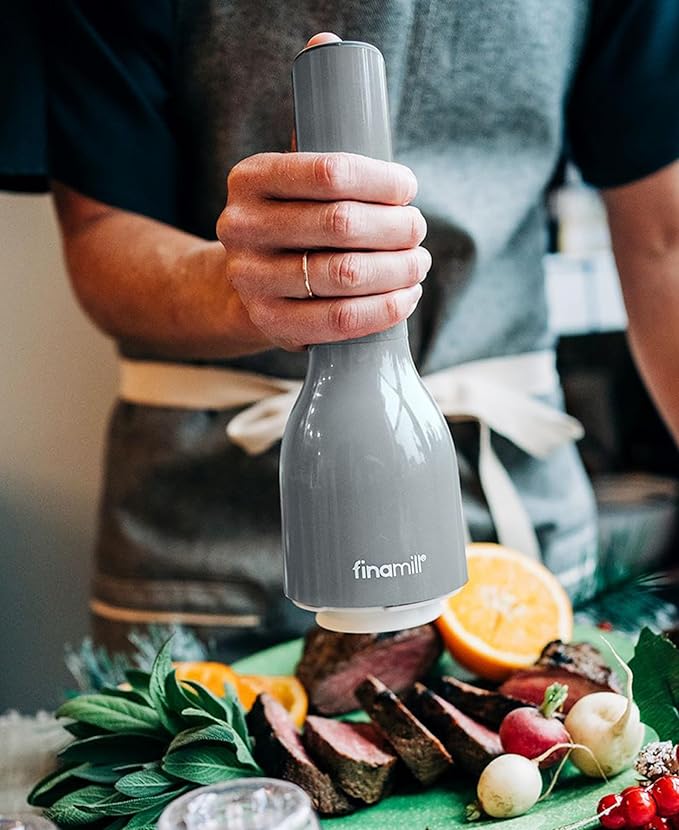 FinaMill Classic Battery Spice Mill – Battery Operated Salt and Pepper Grinder Set, Includes 2 Interchangeable Spice Pods, Adjustable Coarseness, Ceramic Grinder, LED Light, Home and Kitchen Gift Set