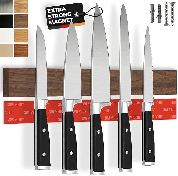 CUCINO Magnetic Knife Holder for wall, 16" no drilling required, includes self-adhesive tape, extra strong for holding knives – Awarded magnet strip – Walnut