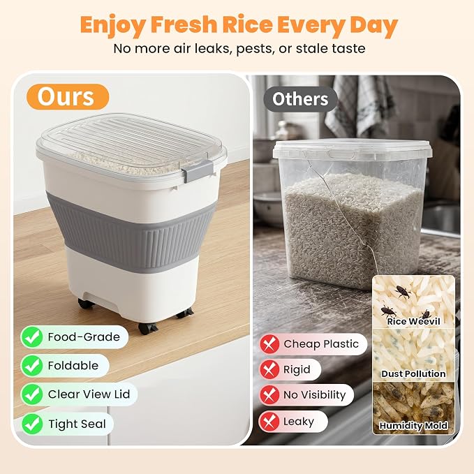 50 Lbs Rice Storage Container with Wheels, Collapsible Airtight Rice Holder with Transparent Lid, Measuring Cup, Scoop, Handle, BPA Free Food Storage Container for Pet Food, Grain, Bird Seed