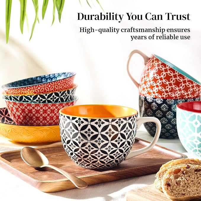 DOWAN Mosaian Soup Mugs, 24oz Large Coffee Mugs Set of 4, Soup Mugs With Handles, Ceramic Mugs for Soup/Coffee/Cereal/Latte, Thanksgiving and Housewarming Gifts for Family and Friends