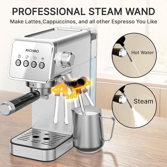 AYCHIRO 20-Bar Espresso Machine with Milk Frother, Professional Espresso Coffee Machine for Home, Stainless Steel Cappuccino Maker, Removable Water Tank & Drip Tray, Silver