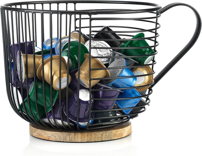 Coffee Pod Holder - Large Capacity Black Wire K Cup Storage with Wooden Base - Modern Coffee Basket Decor for Kitchen Countertop for Keurig Kcups & Espresso Capsules