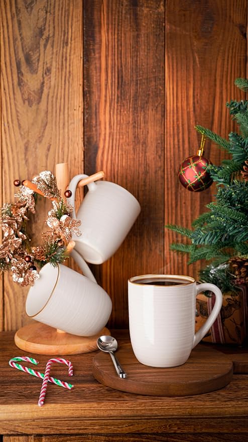 famiware Tempus Coffee Mugs Set of 4, 14 oz Coffee Cup Set, Stoneware Mugs with Handle for Coffee, Tea, Cocoa, Milk, Cappuccino, Microwave Safe - Antique White
