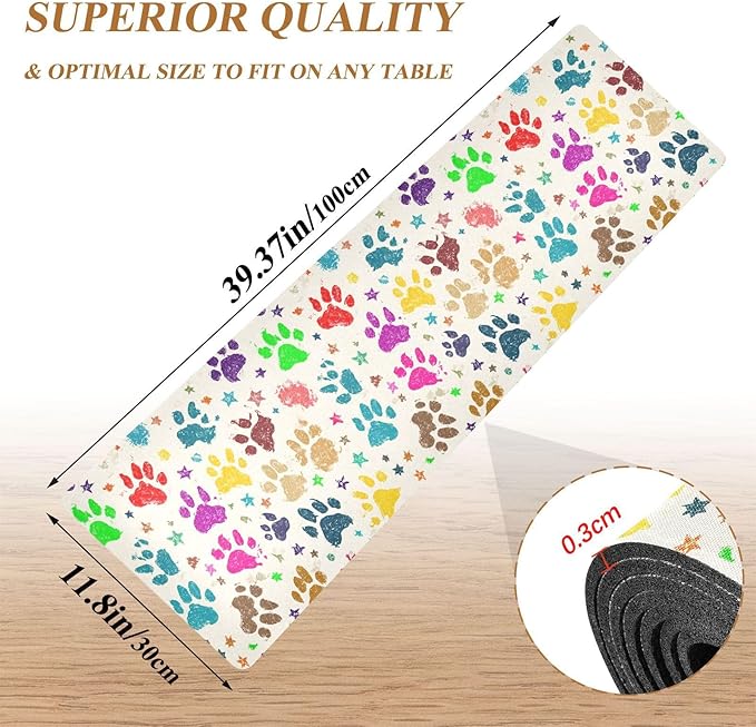 2 in 1 Table Runner Trivet for Hot Pots and Pans Heat Resistant Non Slip Waterproof 39 x 12 Inch Decorative Table Protector for Kitchen Countertop Colorful Paw Prints and Stars