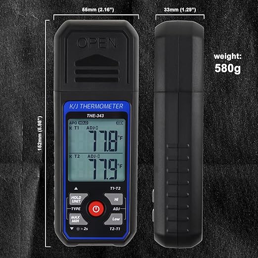 Thermocouple Thermometer HVAC Temperature Meter, Digital Temperature Thermometer with 4 K Type Thermocouple, Dual Channel Temperature Gauge with Alarm & ADJ Compensation (-328~2500℉ Measuring)