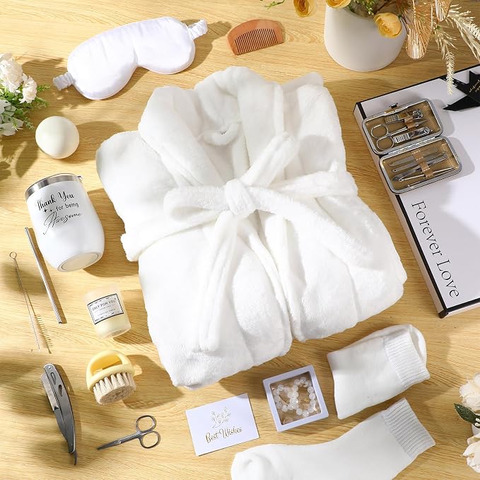 Nuogo 15 Pcs Birthday Gifts for Men Beard Care Set for Him Dad Birthday Gifts Basket Ideas Kit for Men Tumbler Bath Robe for Father's Day Dad Husband Boyfriend Box(Unhooded,White)